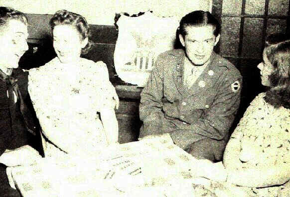 Sailor B. L. Kanarek and soldier Irvin Busch joined forces for a friendly blitz on Sylvia Nathan and Shirley Rothberg. Photo from The Delaware County Advocate, June 1942