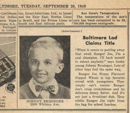 Ranger Joe Ad; John Reisinger, September 1949; Clipping courtesy of John Reisinger, January 2007