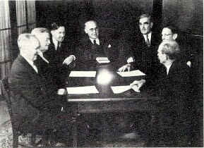 left to right) Dr. William R. McNutt, Dr. Rittenhouse Neisser, Dr. George W. Davis, Dr. James H. Franklin, Dr. Isaac G. Matthews, Dr. Gordon Poteat and Dr. Morton S. Enslin; Photo from The Delaware County Advocate, October 1940