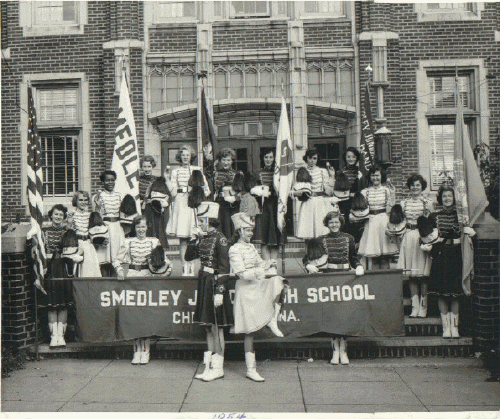 Smedley Majorettes & Color Guard, Class of 1954-55; Photo courtesy of Diane Trout in memory of her mother, Patricia Ayars (Murphy)