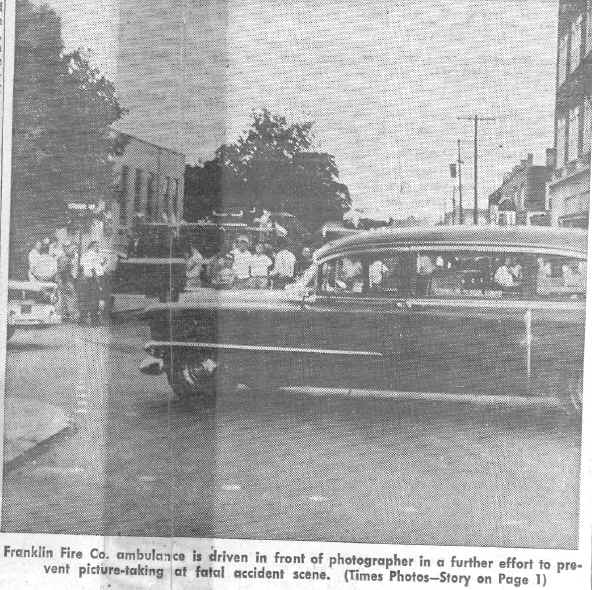 Franklin Ambulance positioned to block photographs; Photo from the Chester Times, August 27,  1955, courtesy of William H. Crystle, 3rd