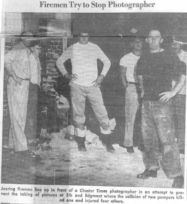 Firemen Try to Stop Photographer; Photo from the Chester Times, August 27,  1955, courtesy of William H. Crystle, 3rd