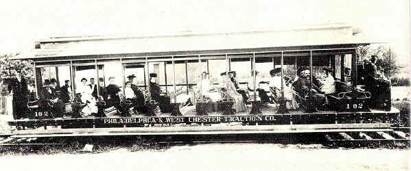 One of the open trolleys so delightful in summer of yester-year, except when sudden thunderstorms arose or swarm of insects came to call. - Photo from The Delaware County Adovcate, April 1942